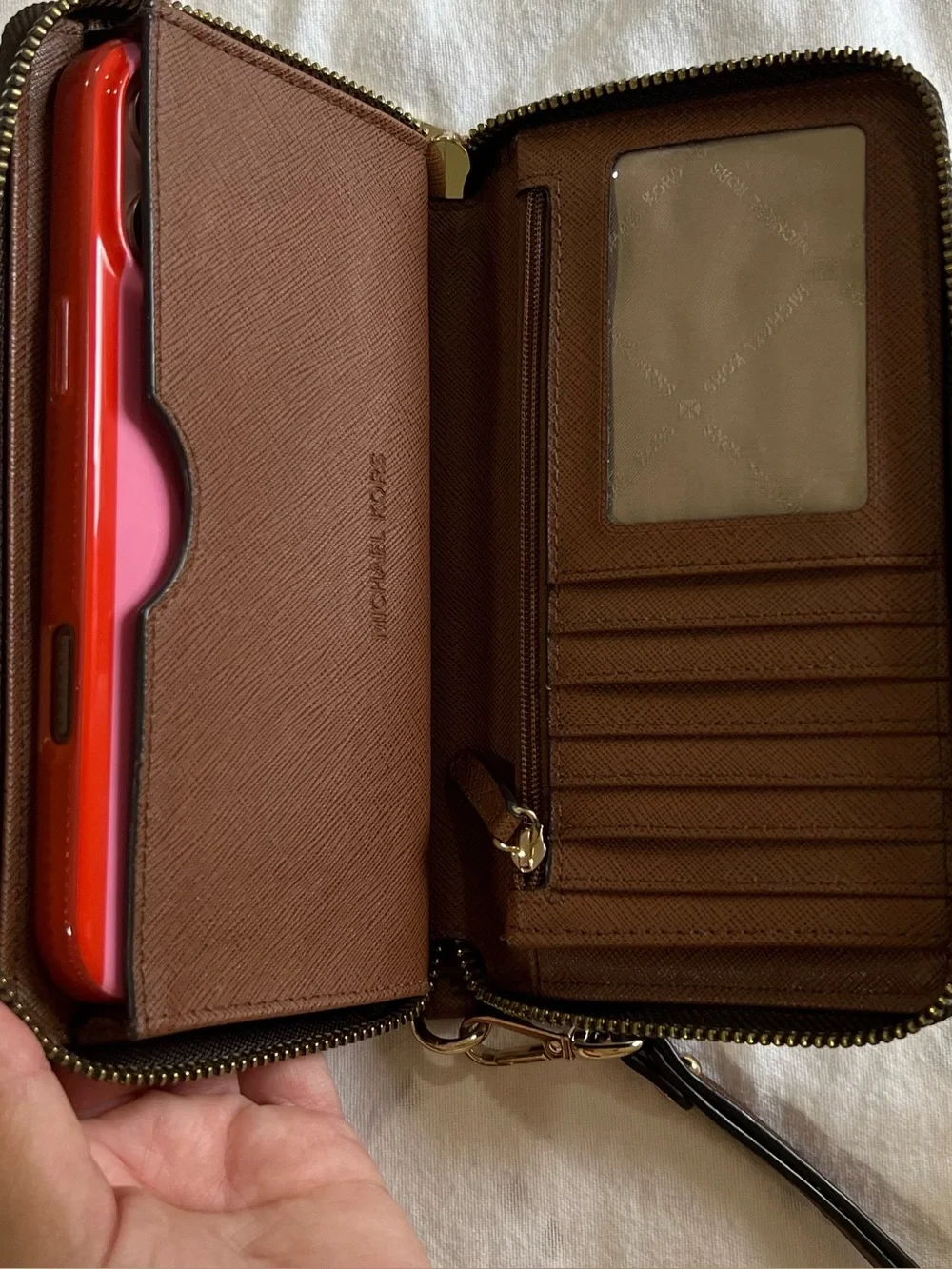 Michael Kors Brown and Gold Logo Signature Wristlet Card Holder